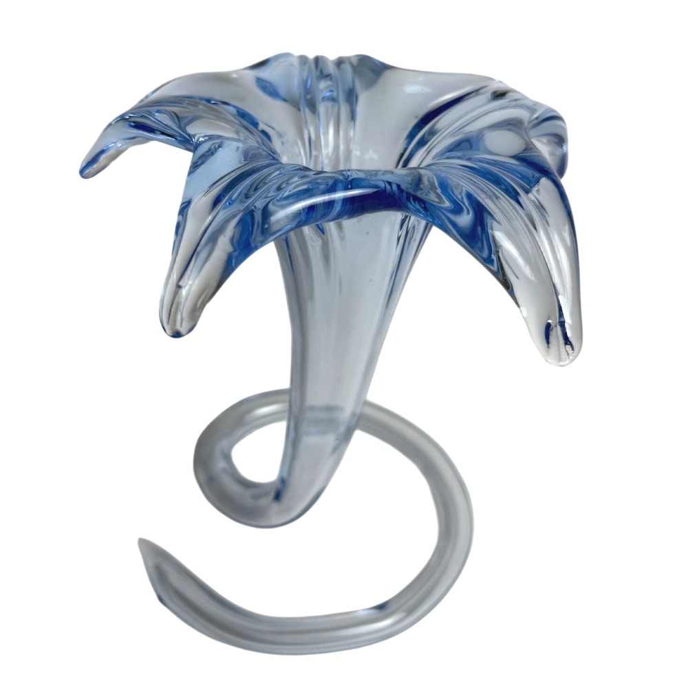 Vtg Hand Blown Art Glass Murano Style Trumpet Vase Coil Light Blue Swirl 5.5"
